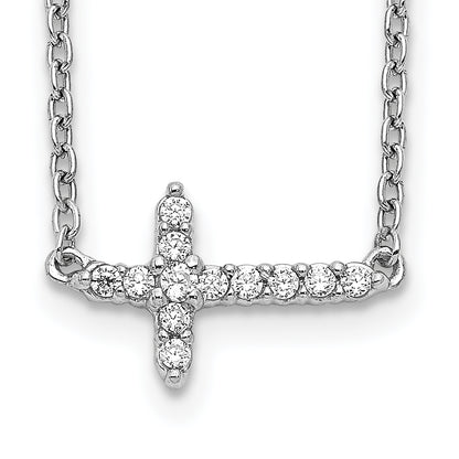 14k White Gold Real Diamond Sideways Cross 18in Necklace