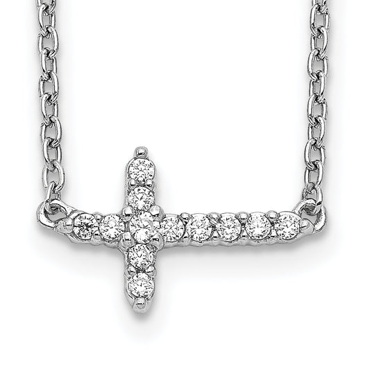 14k White Gold Real Diamond Sideways Cross 18in Necklace