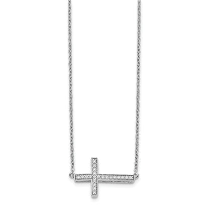 14k White Gold Real Diamond Sideways Cross 18in Necklace