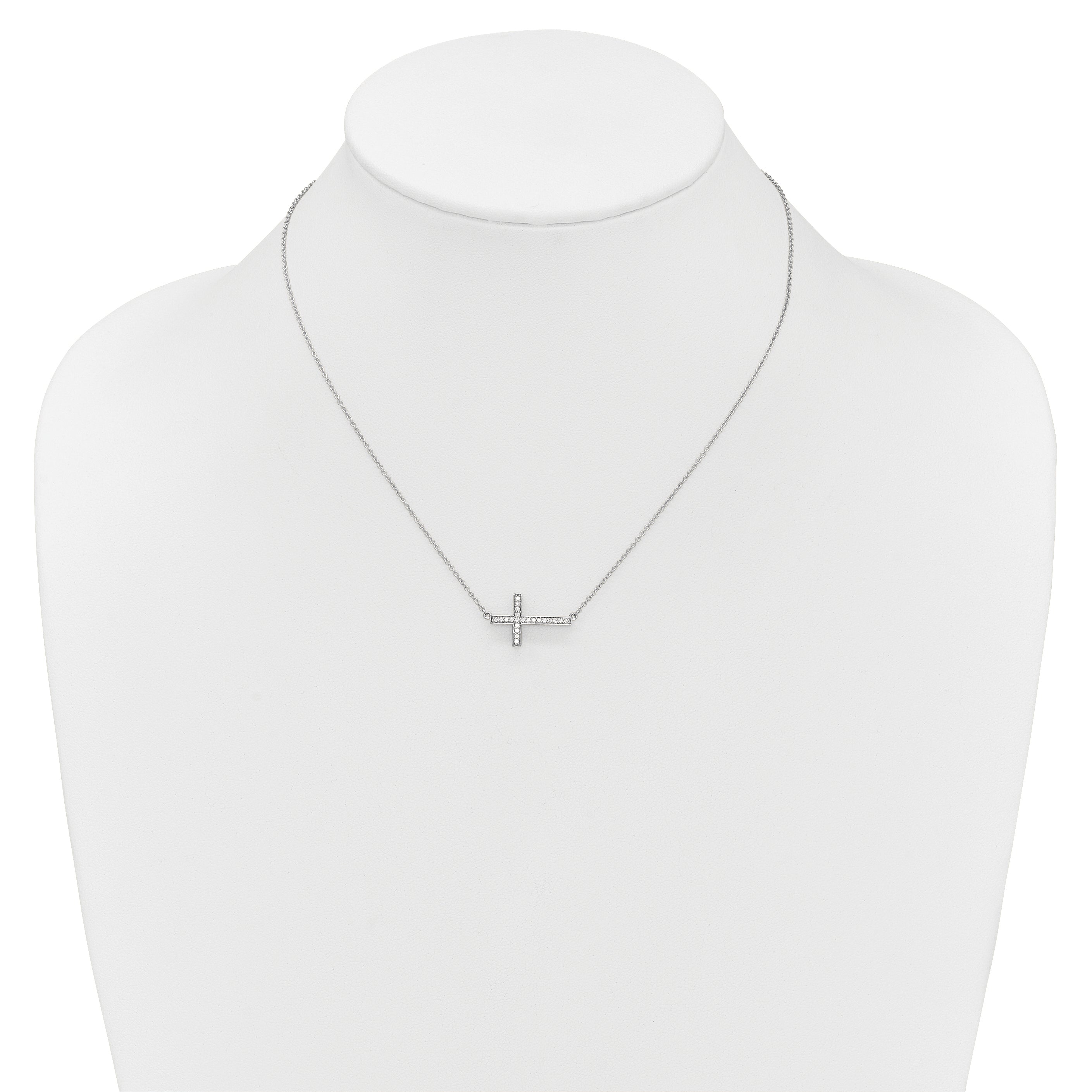 14k White Gold Real Diamond Sideways Cross 18in Necklace