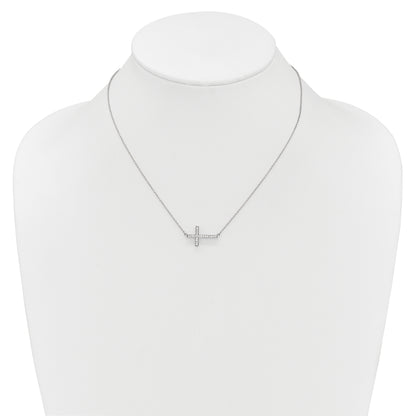 14k White Gold Real Diamond Sideways Cross 18in Necklace