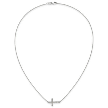 14k White Gold Real Diamond Sideways Cross 18in Necklace