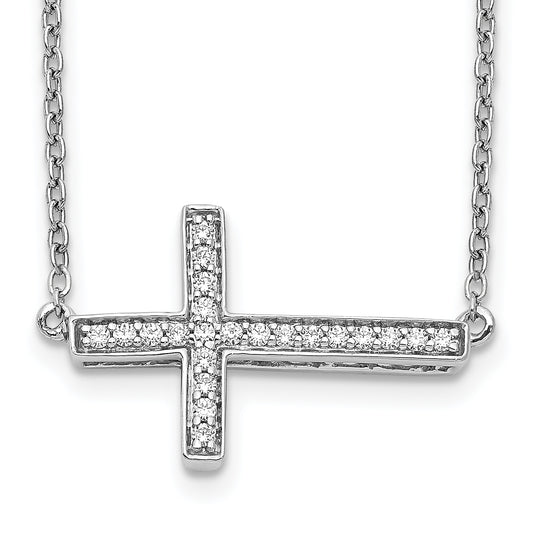 14k White Gold Real Diamond Sideways Cross 18in Necklace