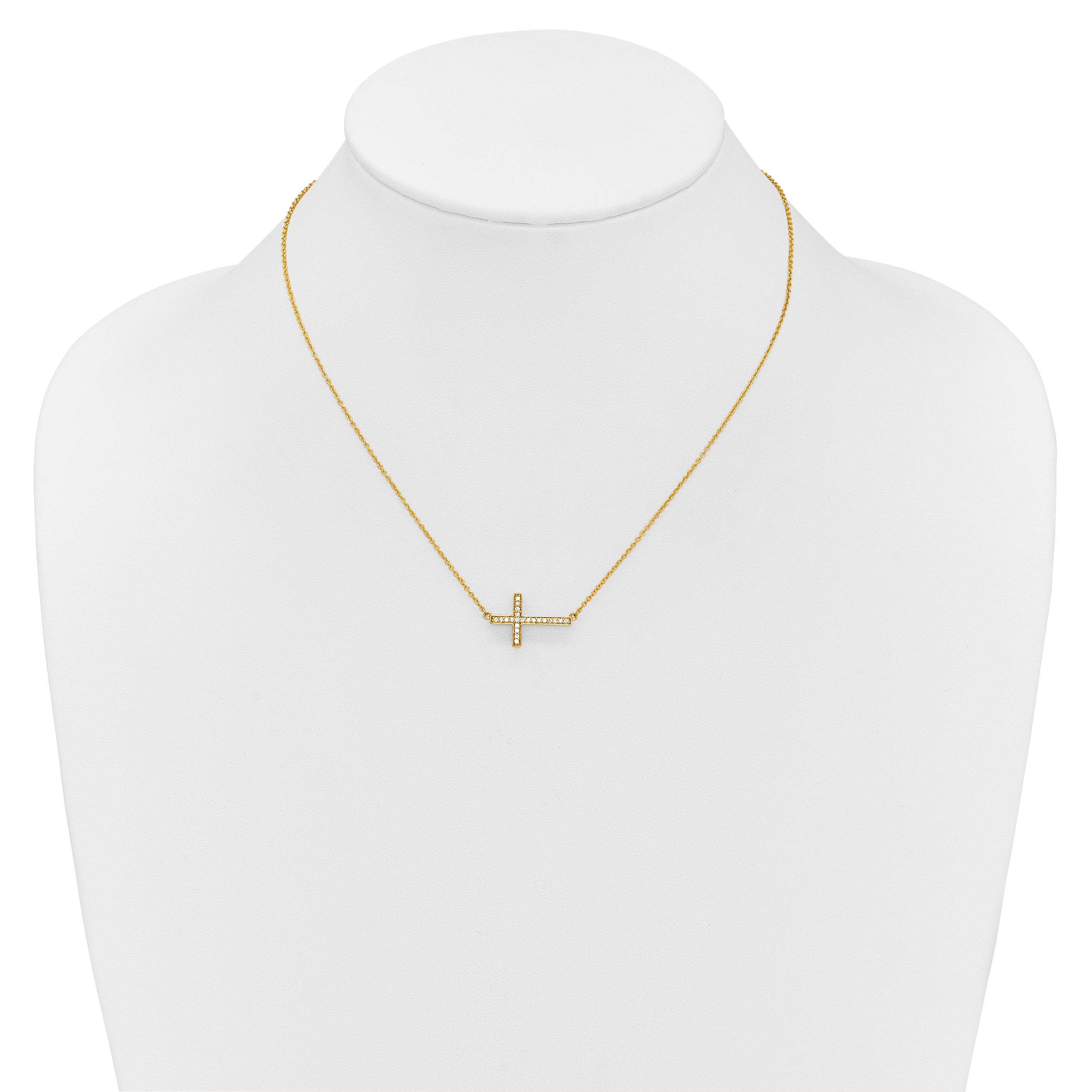 14K Yellow Gold Real Diamond Sideways Cross 18in Necklace