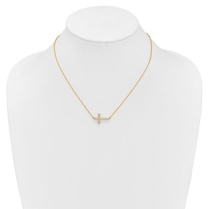 14K Yellow Gold Real Diamond Sideways Cross 18in Necklace