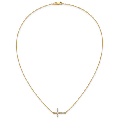 14K Yellow Gold Real Diamond Sideways Cross 18in Necklace