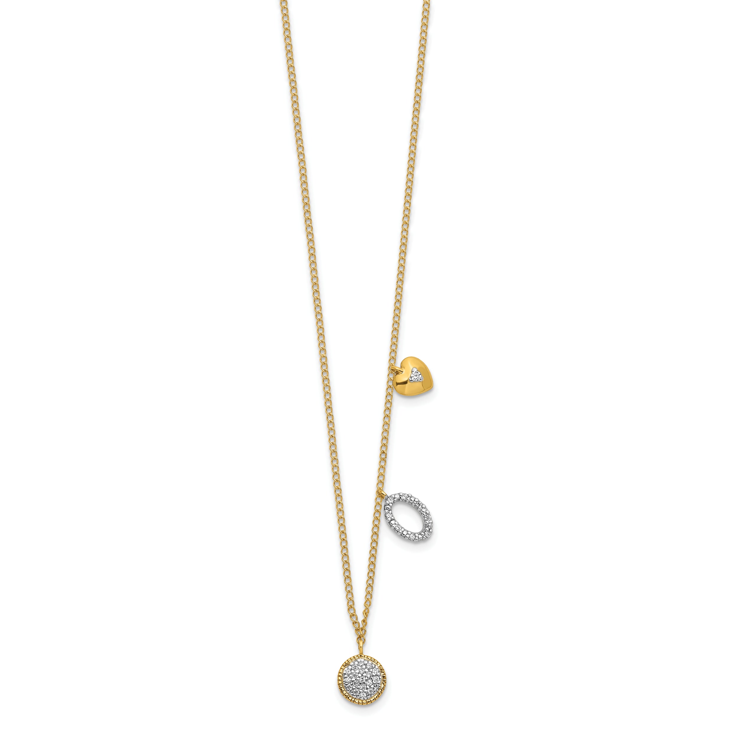 14K Yellow Gold Real Diamond Two Circle and Heart 16.5 inch Necklace