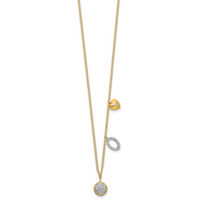 14K Yellow Gold Real Diamond Two Circle and Heart 16.5 inch Necklace