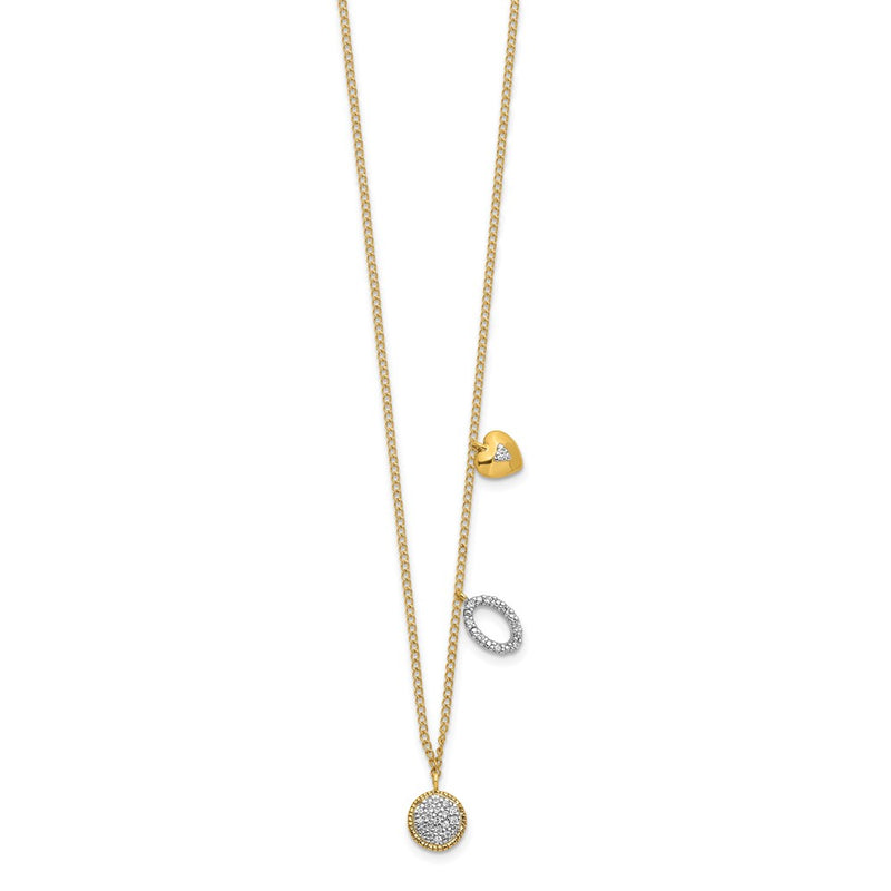 14K Yellow Gold Real Diamond Two Circle and Heart 16.5 inch Necklace