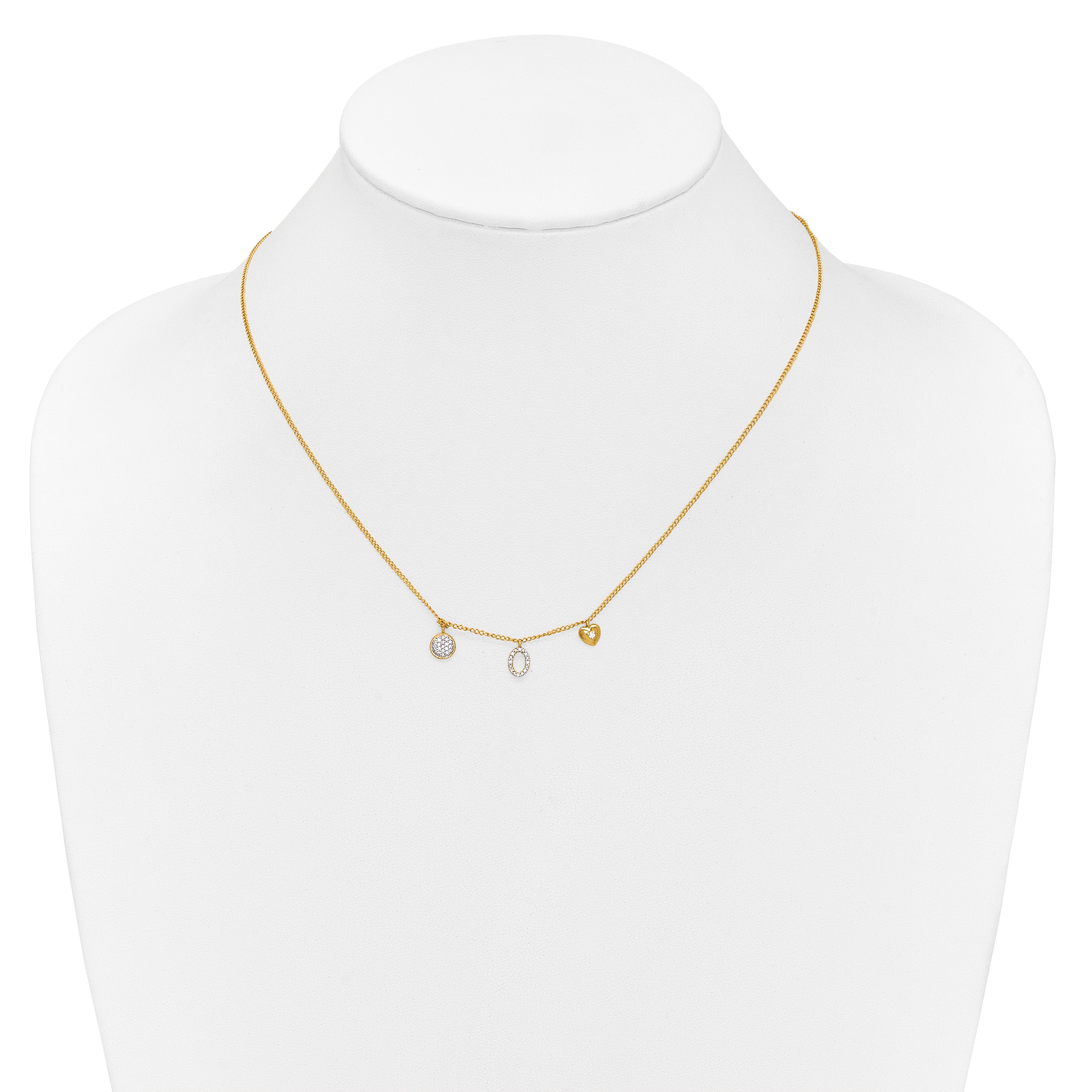 14K Yellow Gold Real Diamond Two Circle and Heart 16.5 inch Necklace