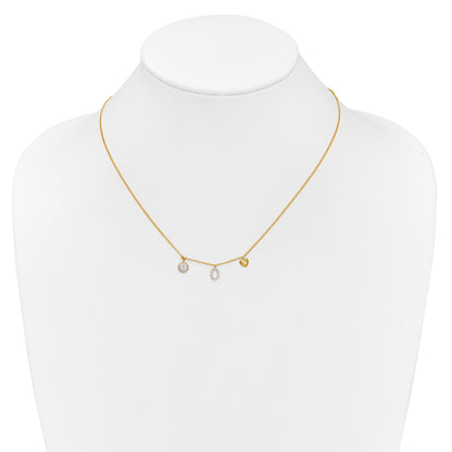 14K Yellow Gold Real Diamond Two Circle and Heart 16.5 inch Necklace