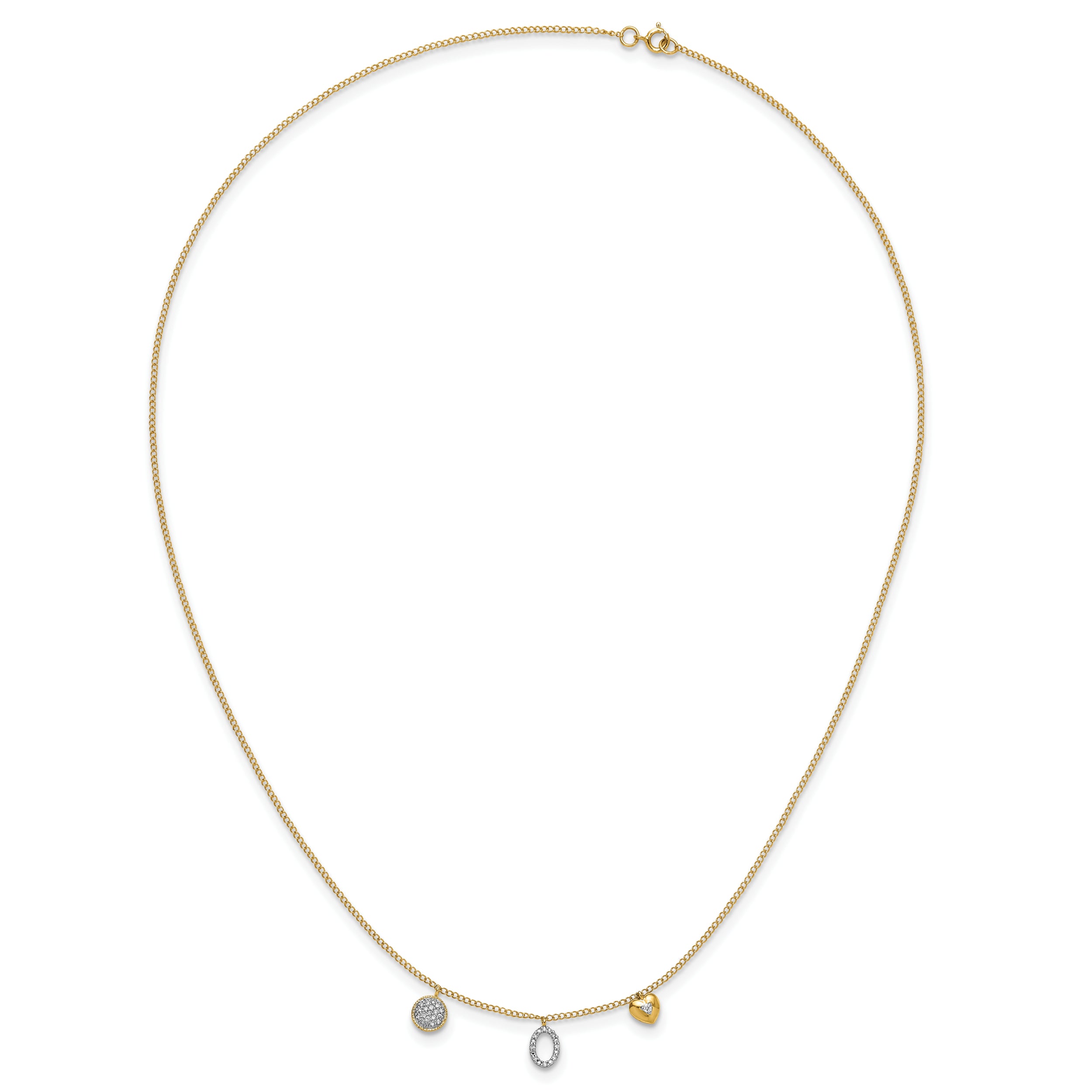 14K Yellow Gold Real Diamond Two Circle and Heart 16.5 inch Necklace