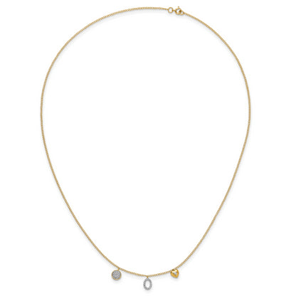 14K Yellow Gold Real Diamond Two Circle and Heart 16.5 inch Necklace