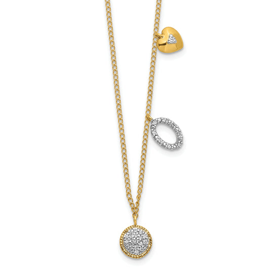 14K Yellow Gold Real Diamond Two Circle and Heart 16.5 inch Necklace
