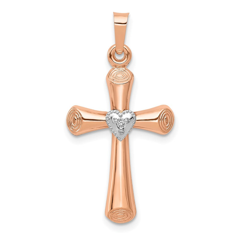 14K Two Tone Diamond Polished Hollow Latin Heart Cross Pendant