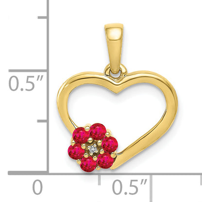 10K Yellow Gold Diamond And Ruby Heart W/ Flower Pendant