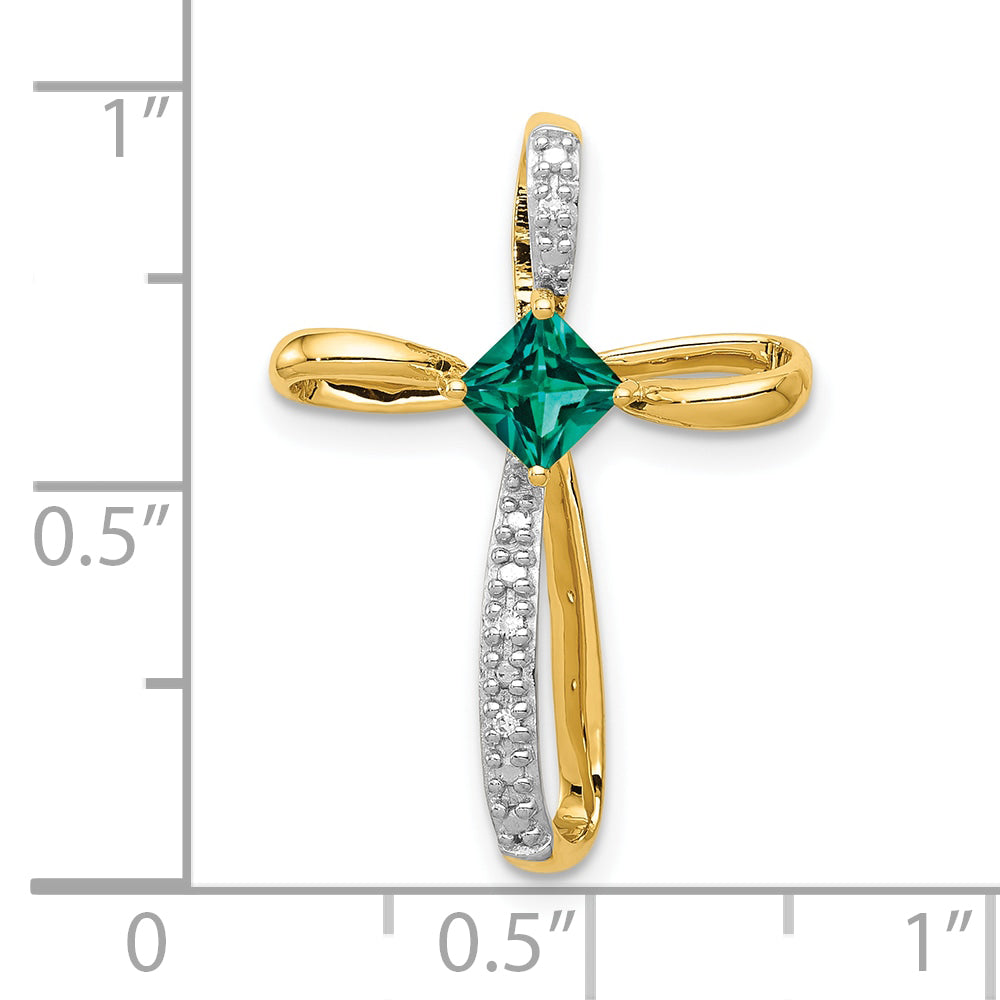 10K Yellow W/Rhodium Lab Created Emerald And Diamond Cross Pendant