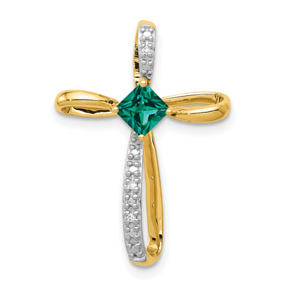 10K Yellow W/Rhodium Lab Created Emerald And Diamond Cross Pendant