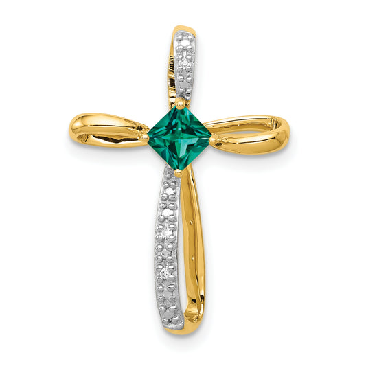 10K Yellow W/Rhodium Lab Created Emerald And Diamond Cross Pendant