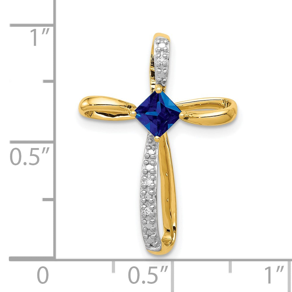 10K Yellow W/Rhodium Lab Created Sapph And Diamond Cross Pendant