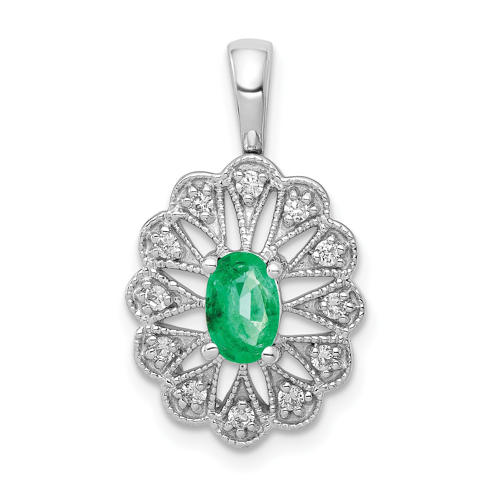 14k White Gold 1/6 Ct. Lab Grown Diamond VS/SI+ G+ and Lab Created Emerald Pendant