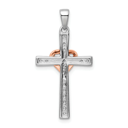 14k Two-tone Two Tone Rose and White Gold 1/8 Ct. Lab Grown Diamond VS/SI+ G+ Cross with Heart Pendant