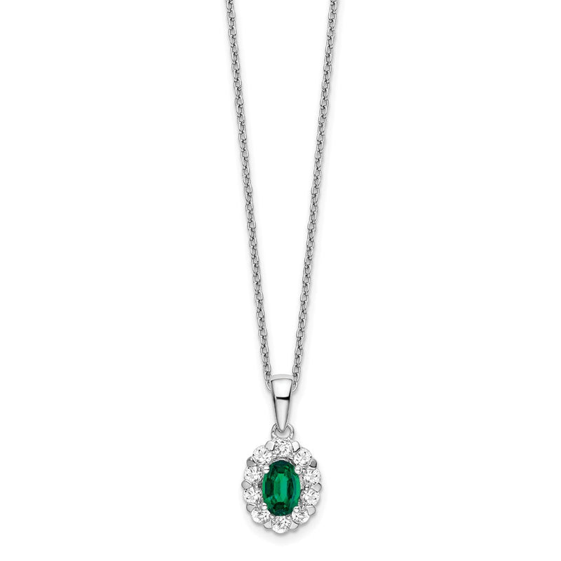 14k White Gold 1/2 Ct. Lab Grown Diamond VS/SI+ G+ and Oval Lab Created Emerald 18 inch Halo Pendant Necklace