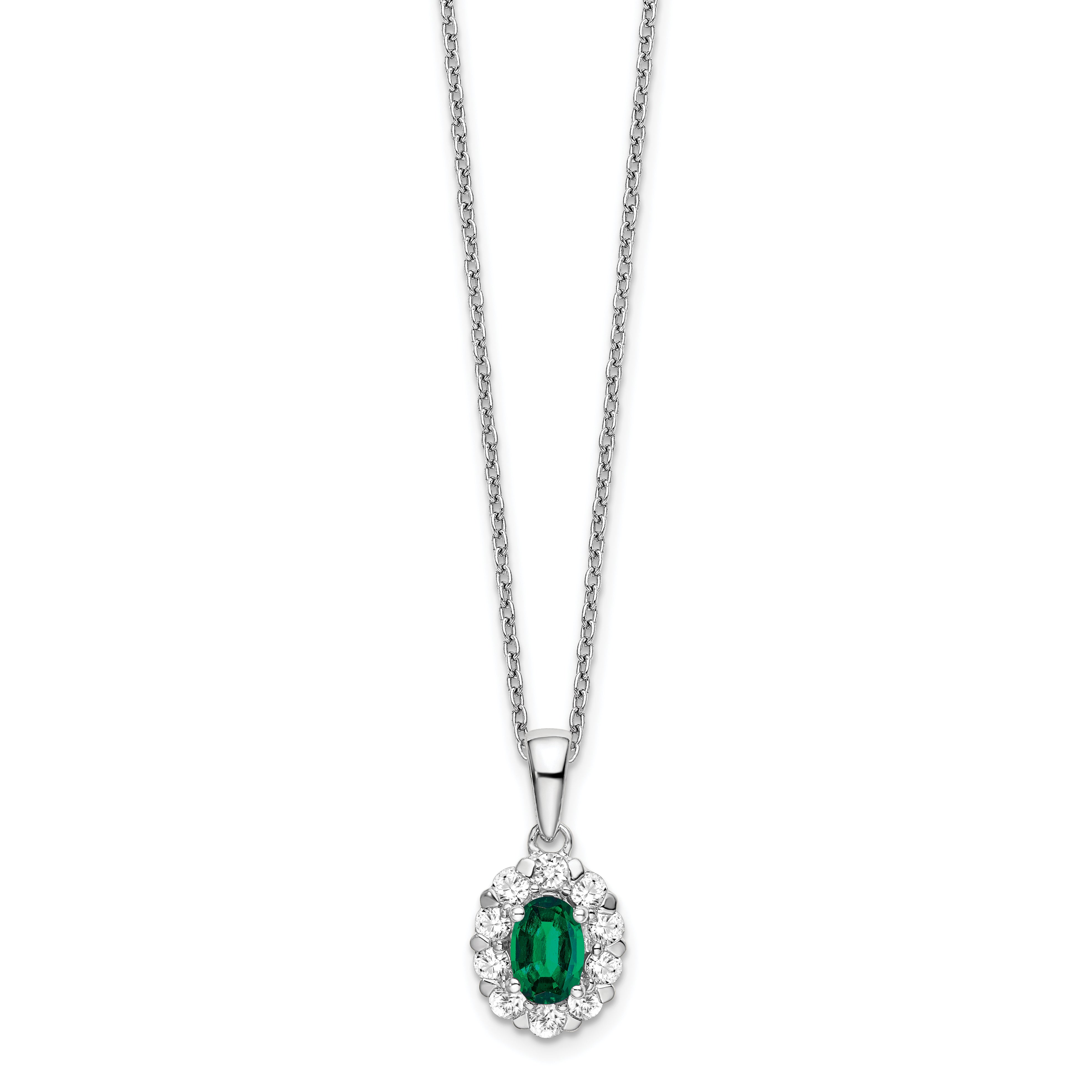14k White Gold 1/2 Ct. Lab Grown Diamond VS/SI+ G+ and Oval Lab Created Emerald 18 inch Halo Pendant Necklace