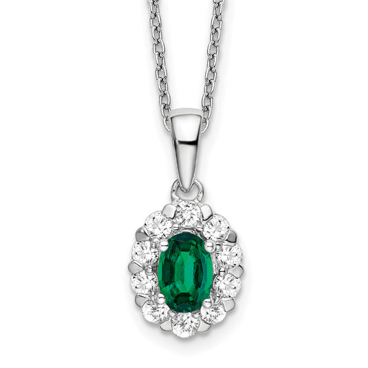 14k White Gold 1/2 Ct. Lab Grown Diamond VS/SI+ G+ and Oval Lab Created Emerald 18 inch Halo Pendant Necklace