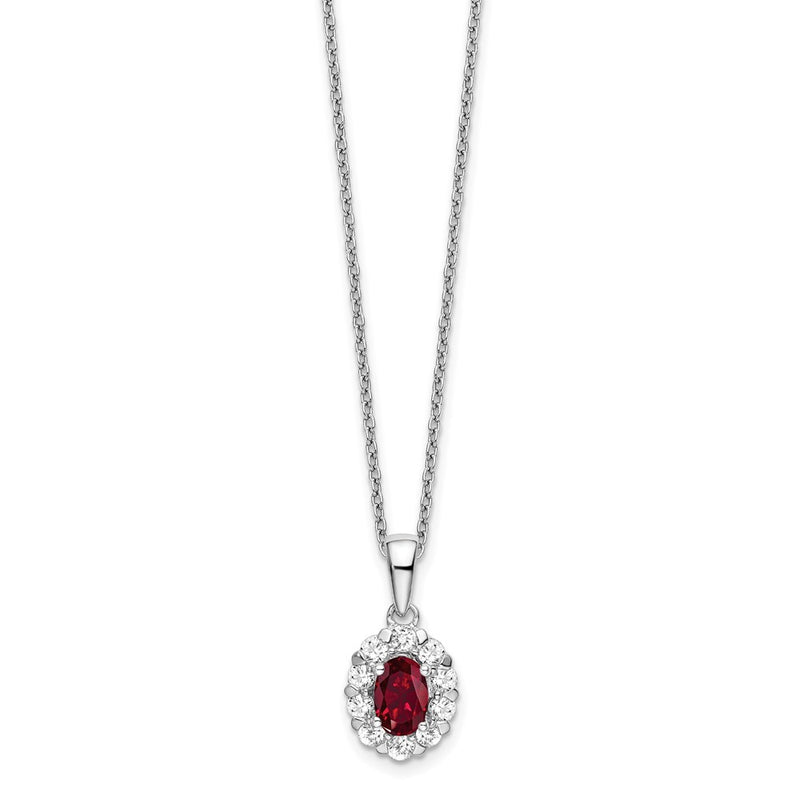 14k White Gold 1/2 Ct. Lab Grown Diamond VS/SI+ G+ and Oval Lab Created Ruby 18 inch Halo Pendant Necklace
