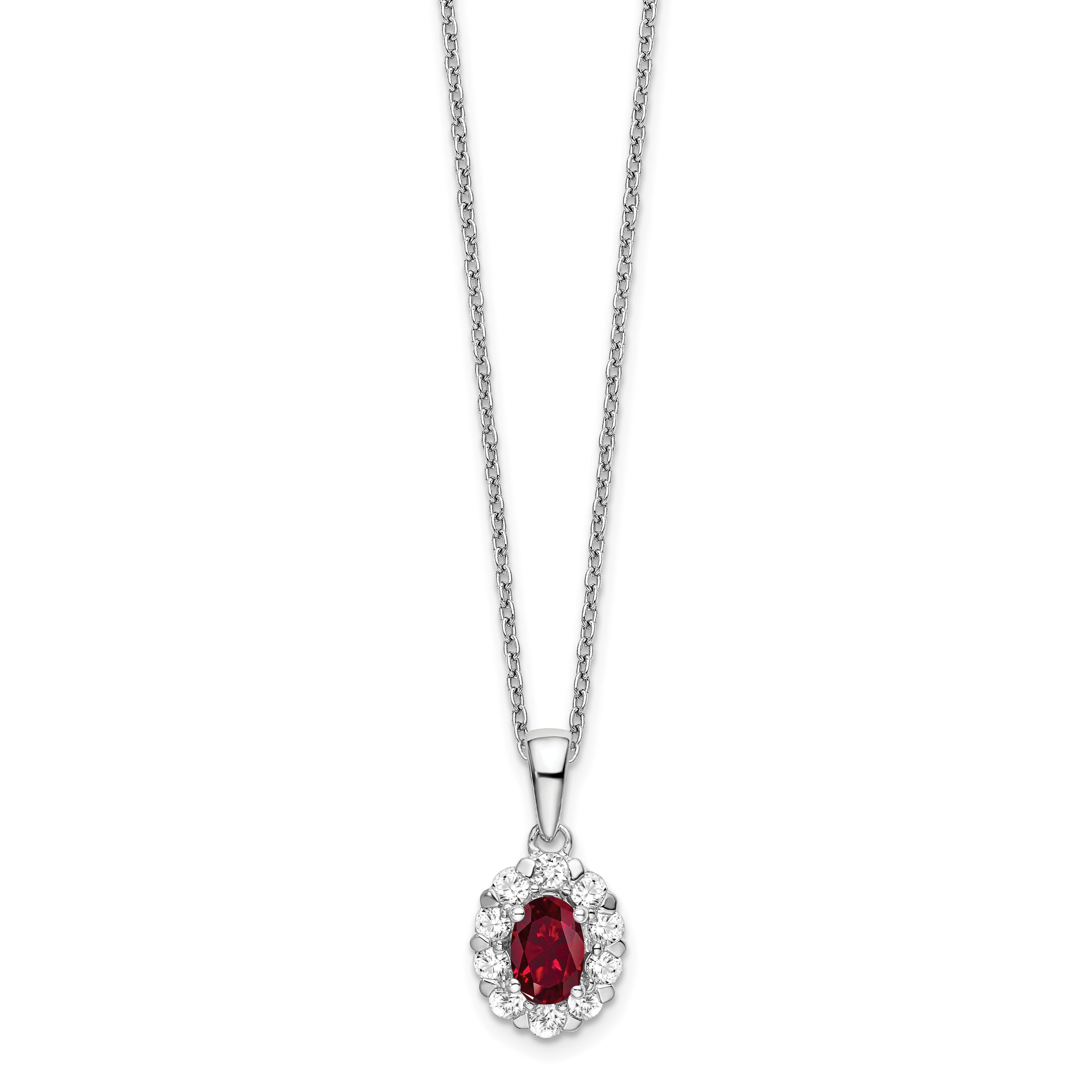 14k White Gold 1/2 Ct. Lab Grown Diamond VS/SI+ G+ and Oval Lab Created Ruby 18 inch Halo Pendant Necklace