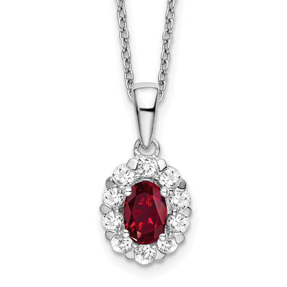 14k White Gold 1/2 Ct. Lab Grown Diamond VS/SI+ G+ and Oval Lab Created Ruby 18 inch Halo Pendant Necklace