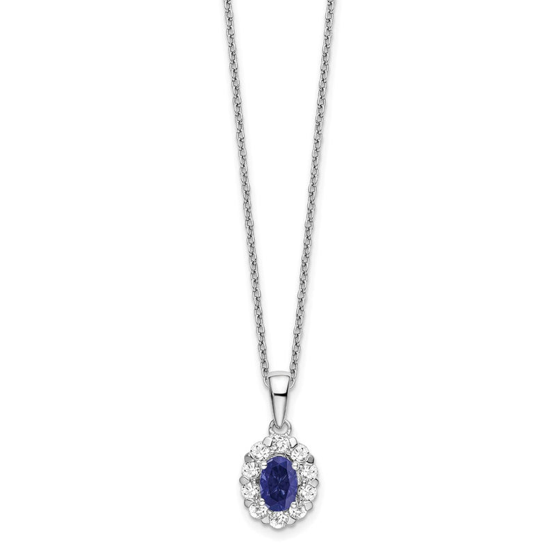 14k White Gold 1/2 Ct. Lab Grown Diamond VS/SI+ G+ and Oval Lab Created Blue Sapphire 18 inch Halo Pendant Necklace