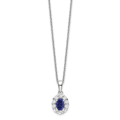 14k White Gold 1/2 Ct. Lab Grown Diamond VS/SI+ G+ and Oval Lab Created Blue Sapphire 18 inch Halo Pendant Necklace
