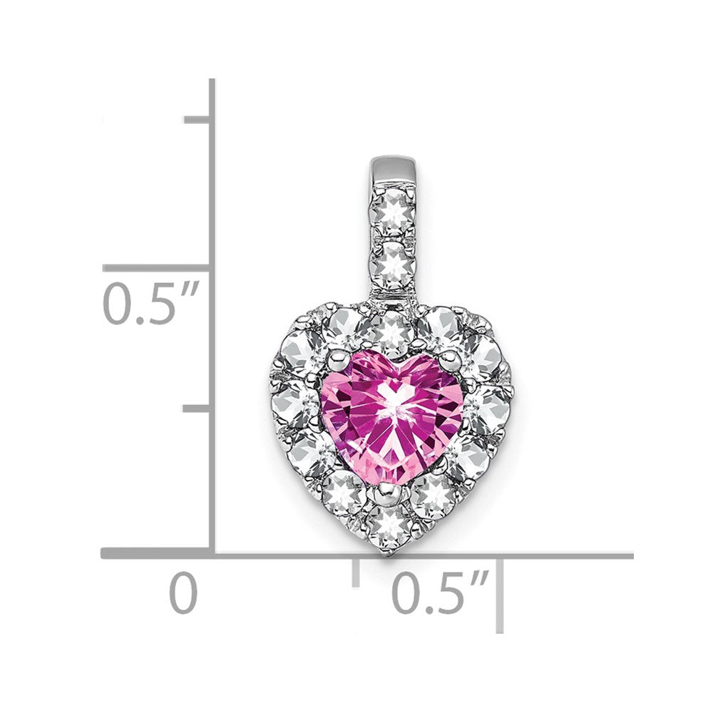 14K White Gold Creat. Pink Sapphire/white Topaz Halo Heart Pendant