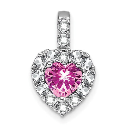 14K White Gold Creat. Pink Sapphire/white Topaz Halo Heart Pendant