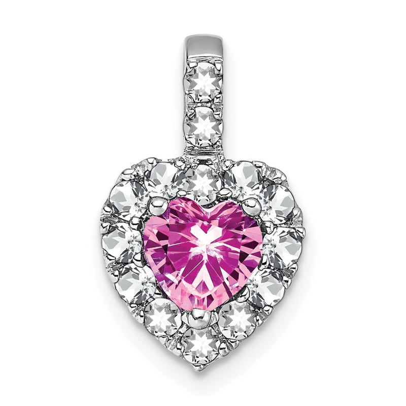 14K White Gold Creat. Pink Sapphire/white Topaz Halo Heart Pendant