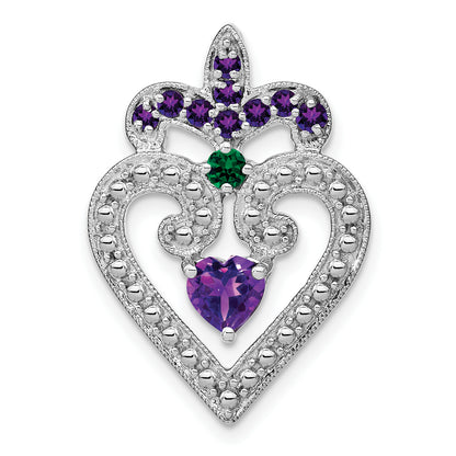 Sterling Silver Rhodium Plated Amethyst/Created Emerald Pendant