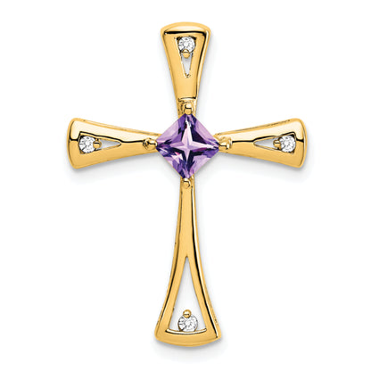 10K Yellow Gold Amethyst And Diamond Cross Pendant