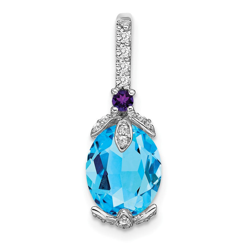 14K White Gold Oval Blue Topaz/amethyst/diamond Pendant