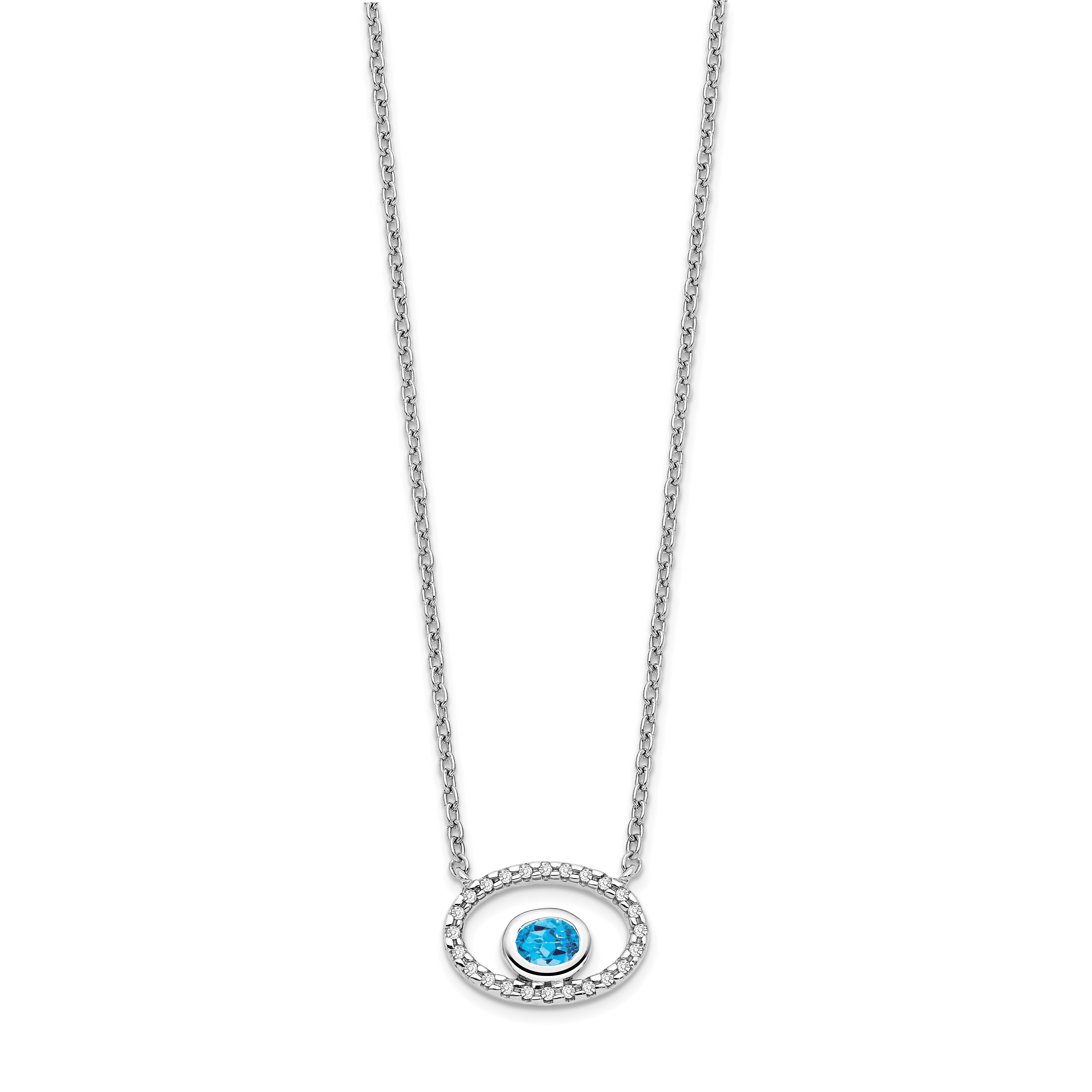 14k White Gold Oval Blue Topaz and Real Diamond 18in. Necklace