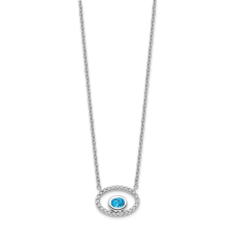 14k White Gold Oval Blue Topaz and Real Diamond 18in. Necklace