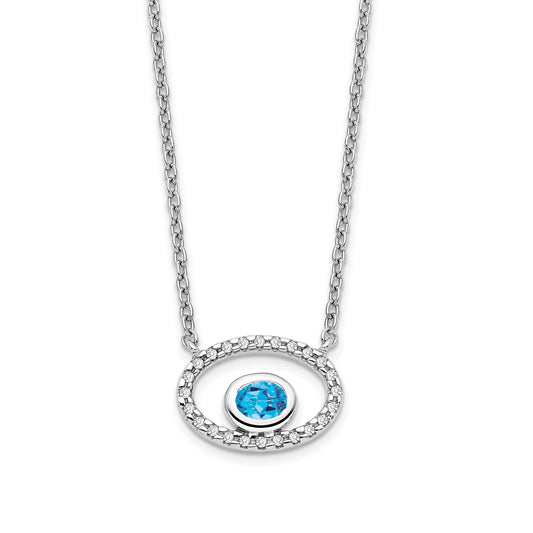 14k White Gold Oval Blue Topaz and Real Diamond 18in. Necklace