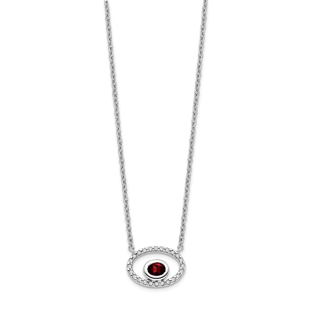 14k White Gold Oval Garnet and Real Diamond 18in. Necklace