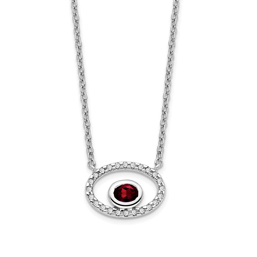 14k White Gold Oval Garnet and Real Diamond 18in. Necklace