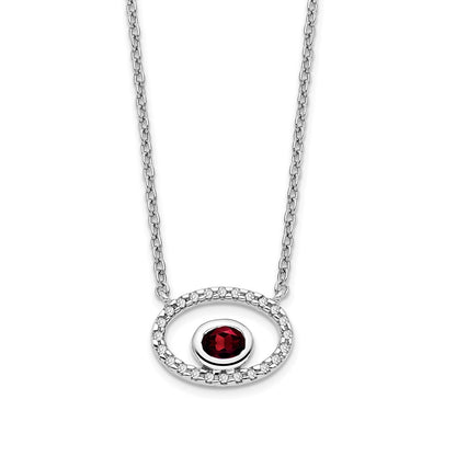 14k White Gold Oval Garnet and Real Diamond 18in. Necklace