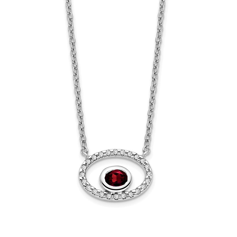14k White Gold Oval Garnet and Real Diamond 18in. Necklace