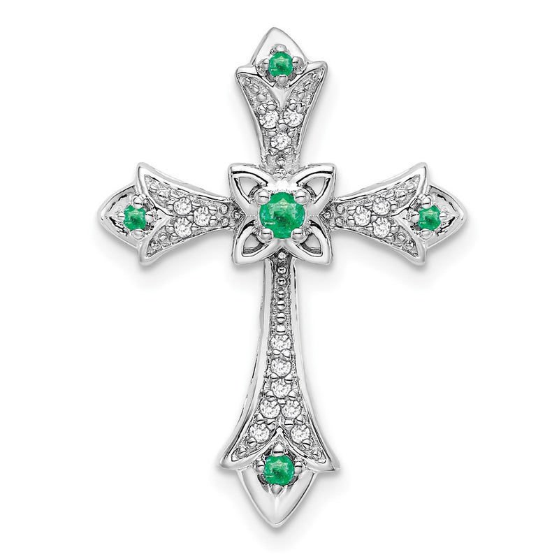 10K White Gold 10K Emerald And Diamond Fleur De Lis Cross Chain Slide