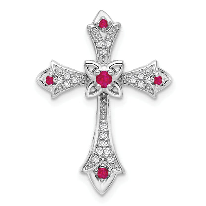 10K White Gold 10K Ruby And Diamond Fleur De Lis Cross Chain Slide