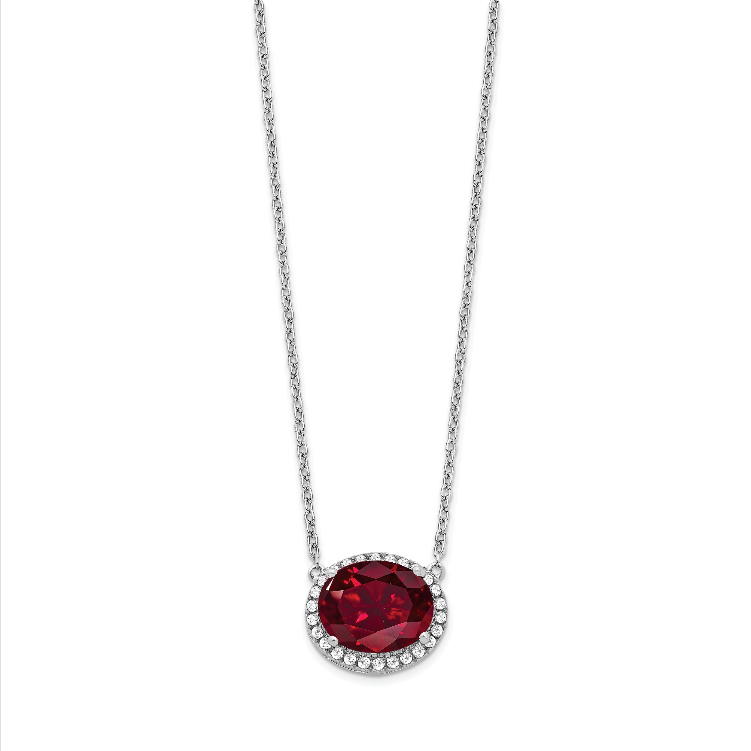 14k White Gold Oval Created Ruby/Real Diamond 18in. Halo Necklace